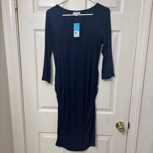 Oh Mamma Maternity Midi Dress Navy Blue Size Medium 3/4 Sleeve ScoopNeck Ruched